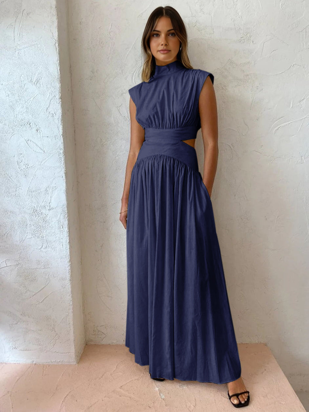 Mock Neck Cutout Maxi Dress in Navy — Svelte Chic
