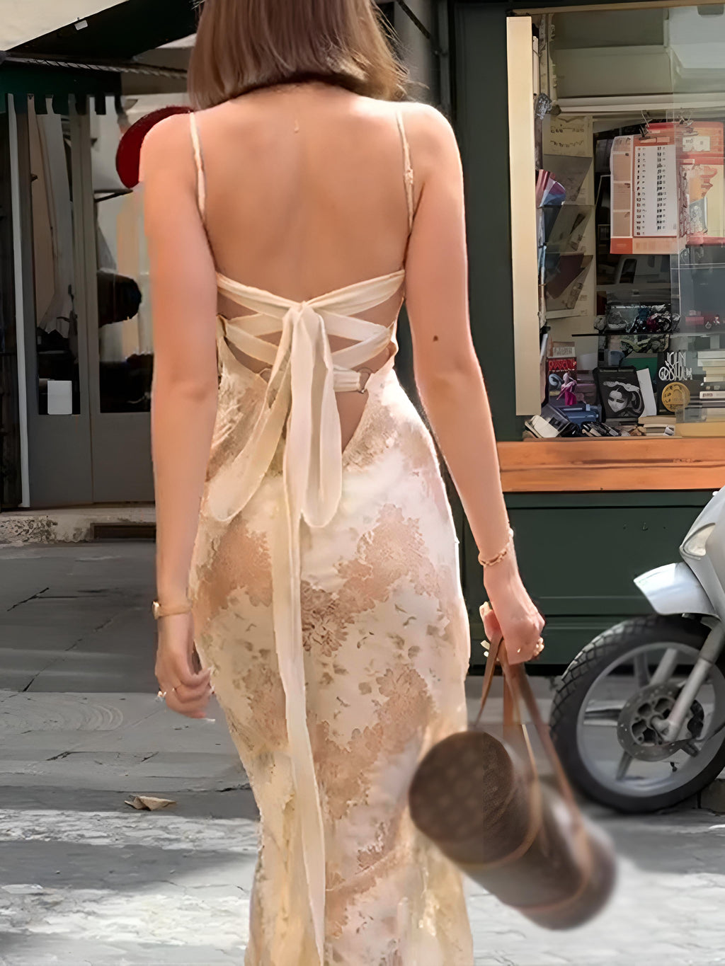 Backless Criss-Cross Knotted Maxi Dress — Beige in Apricot — Svelte Chic