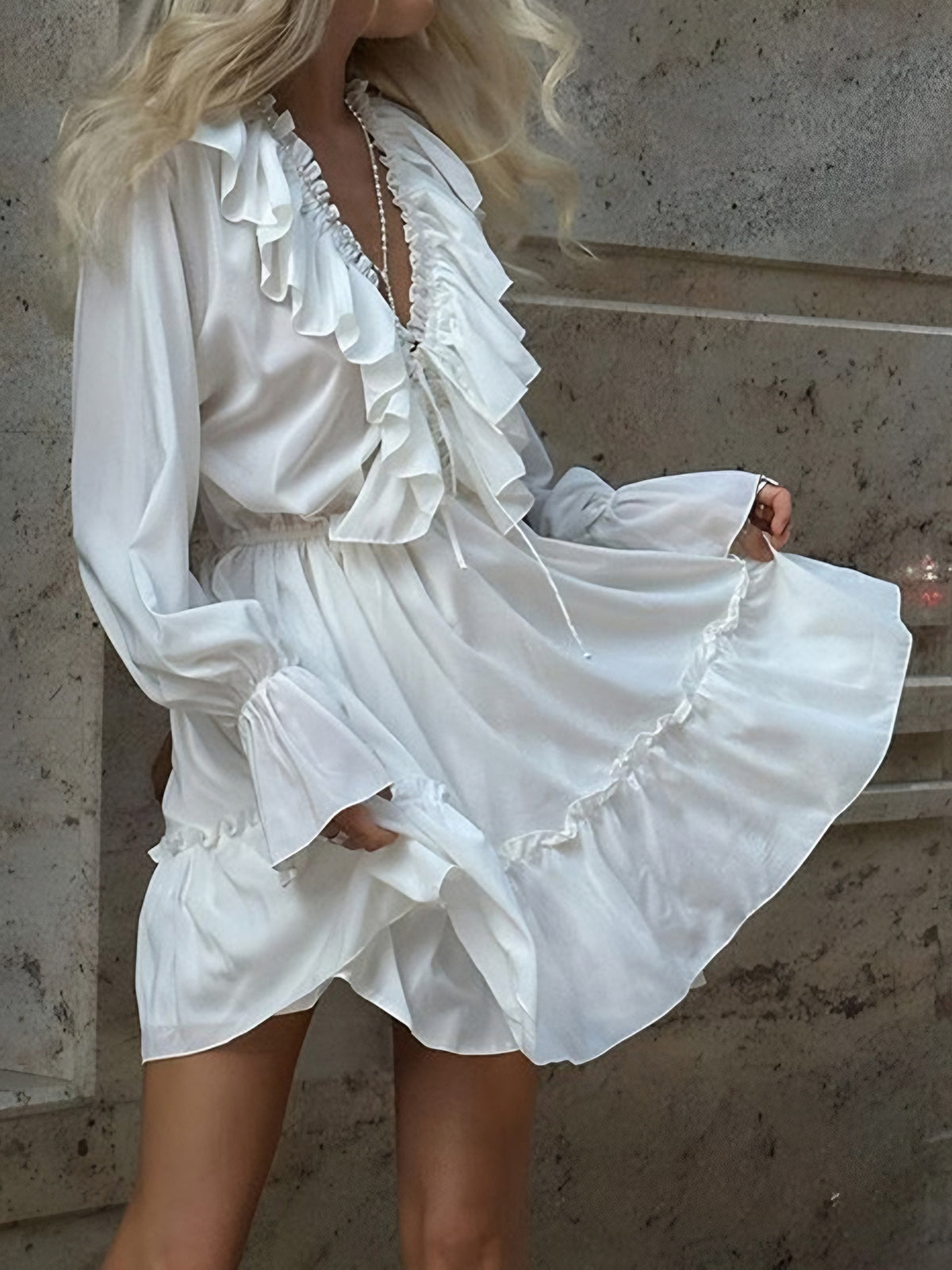 Ruffle Collar V-Neck Mini Dress — White — Svelte Chic