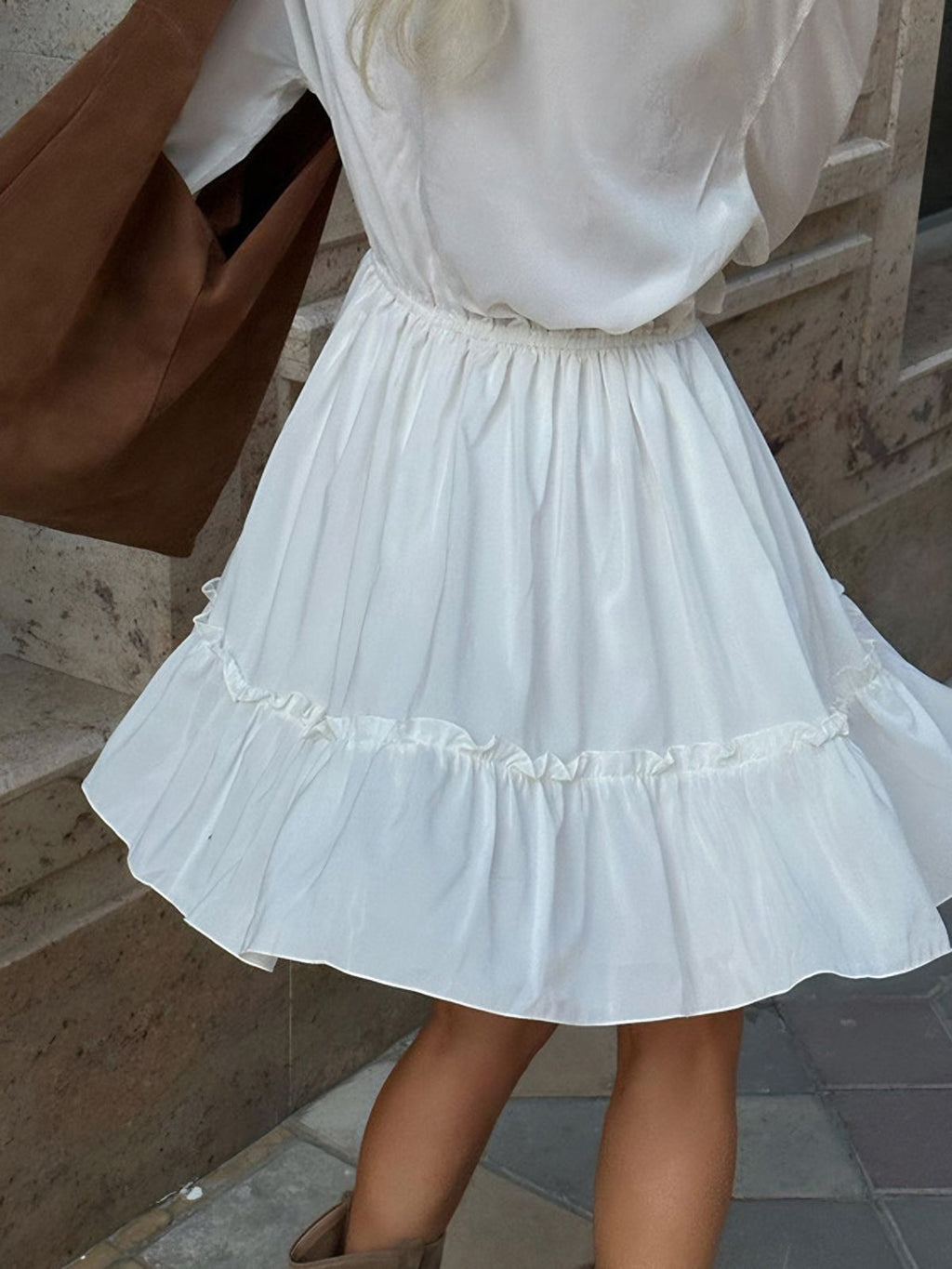 Ruffle Collar V-Neck Mini Dress — White — Svelte Chic