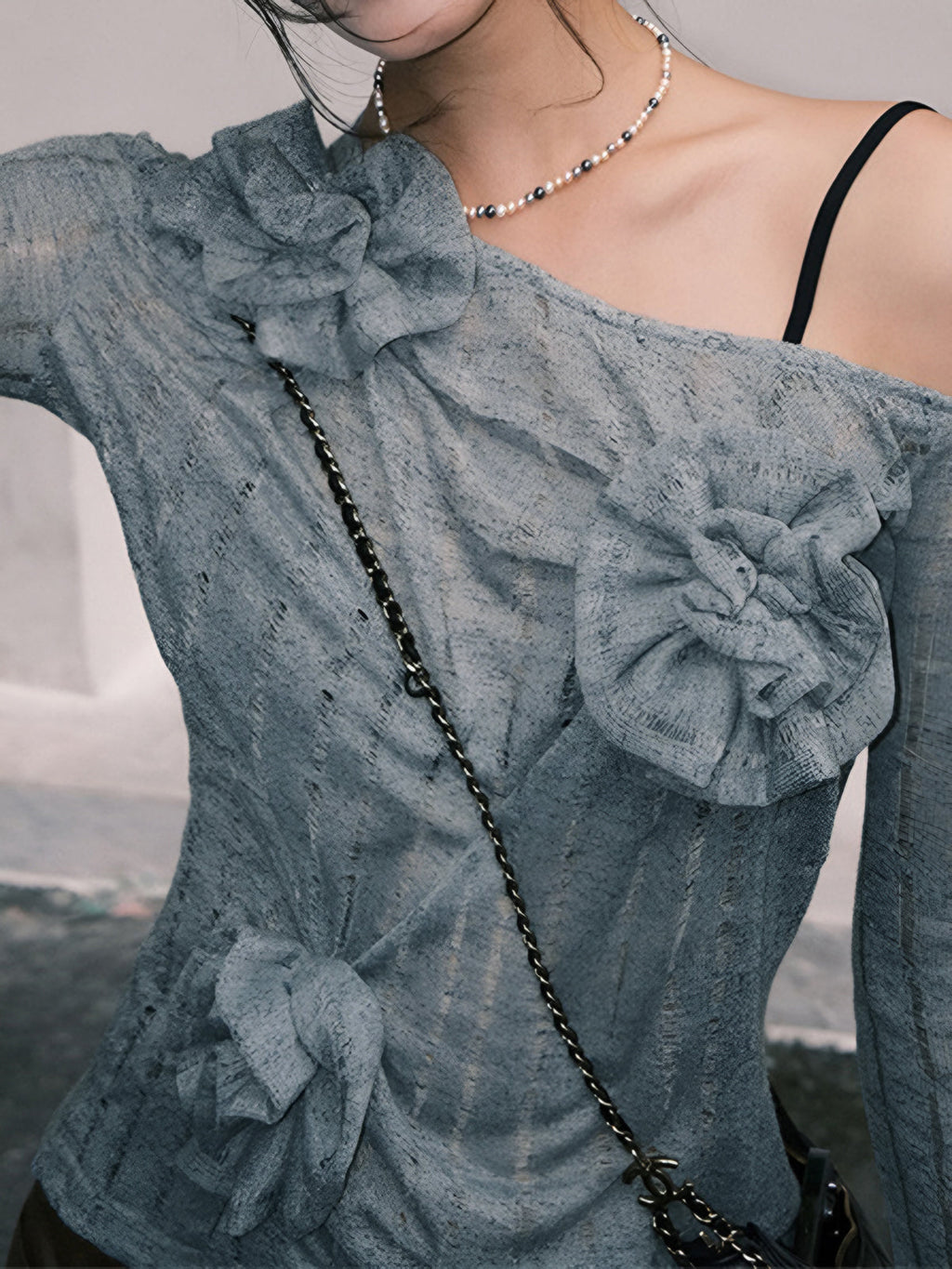 Asymmetric Floral Knit Sweater — Blue — Svelte Chic