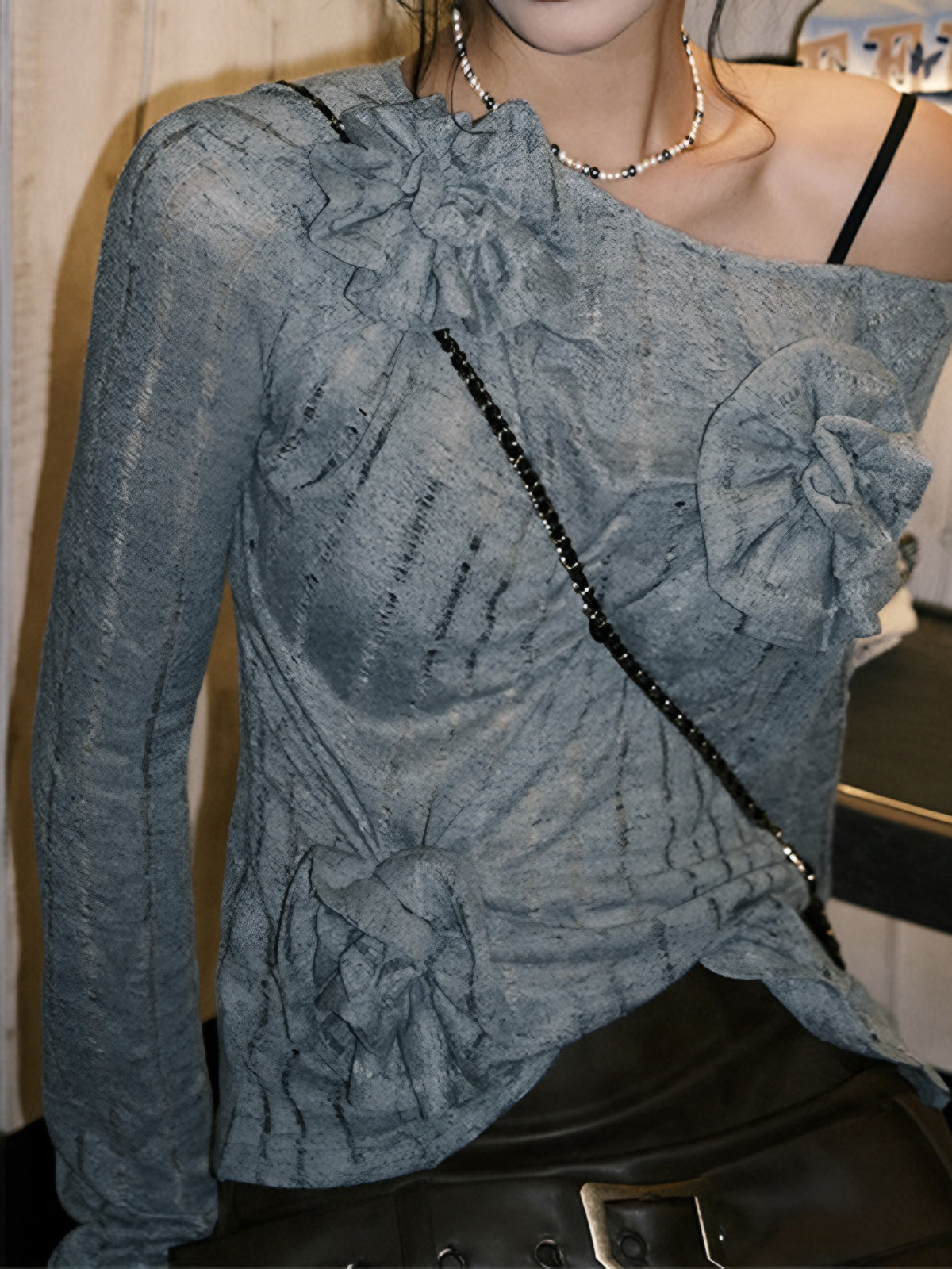 Asymmetric Floral Knit Sweater — Blue — Svelte Chic