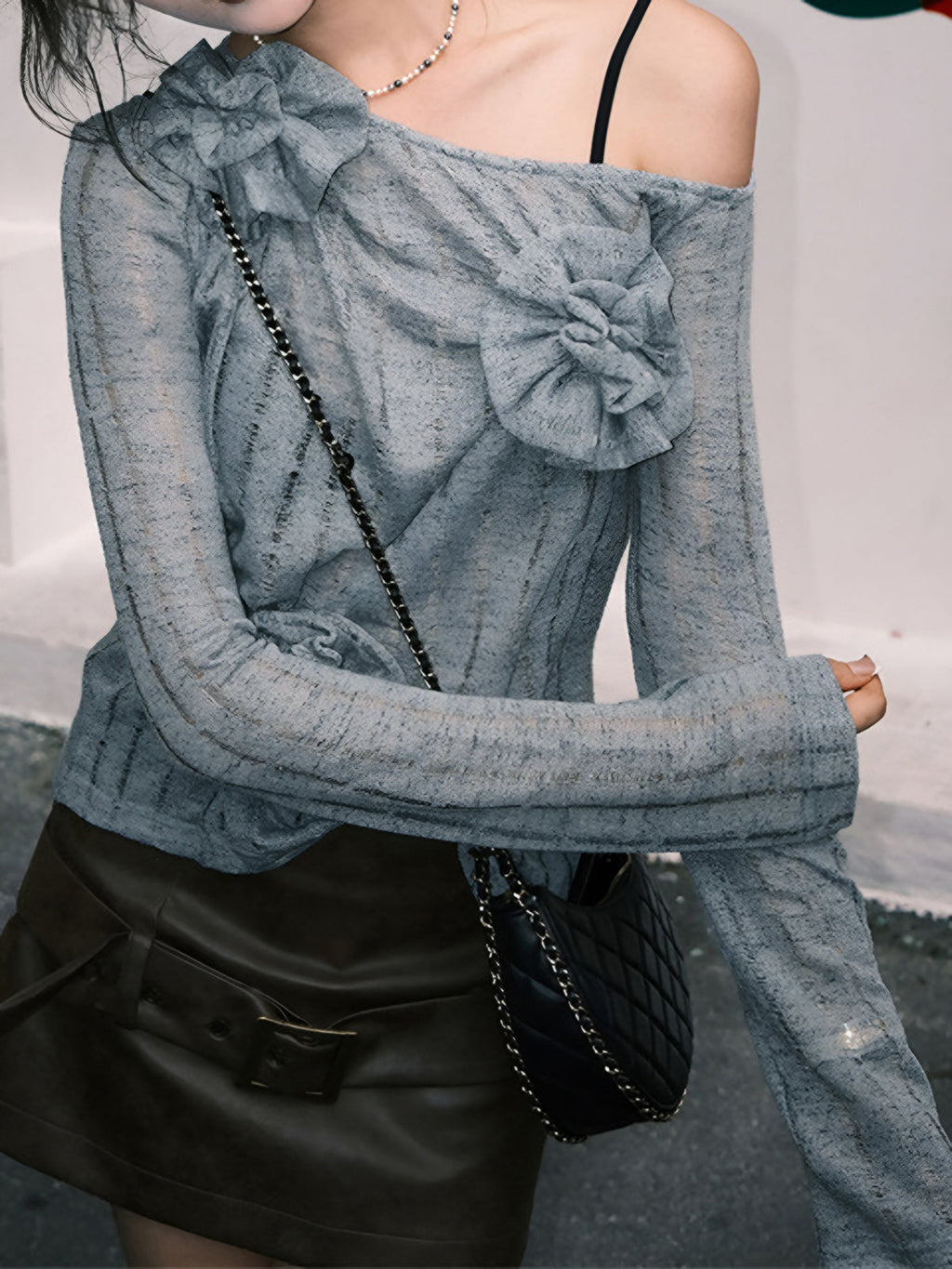 Asymmetric Floral Knit Sweater — Blue — Svelte Chic