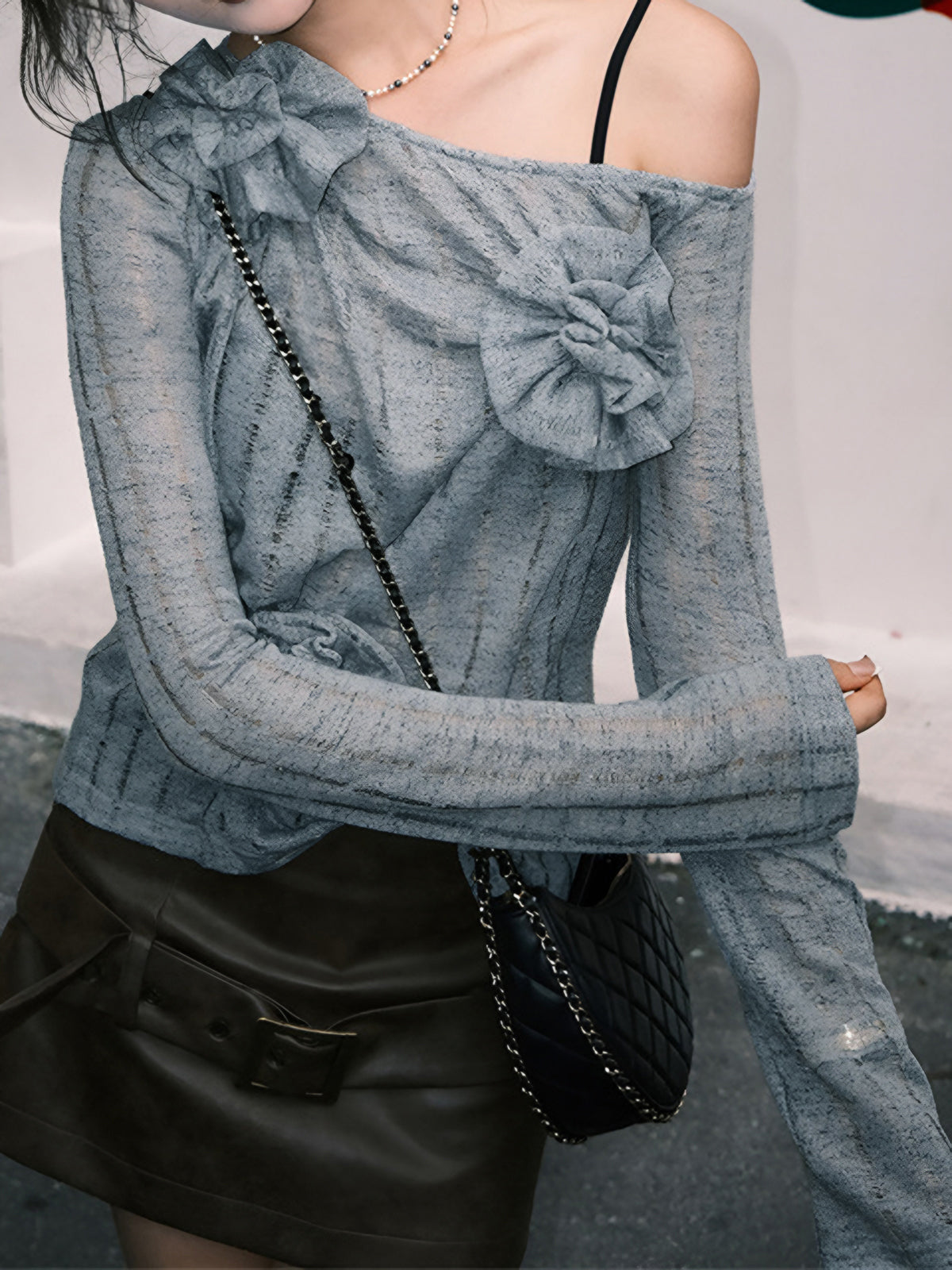 Asymmetric Floral Knit Sweater — Blue — Svelte Chic