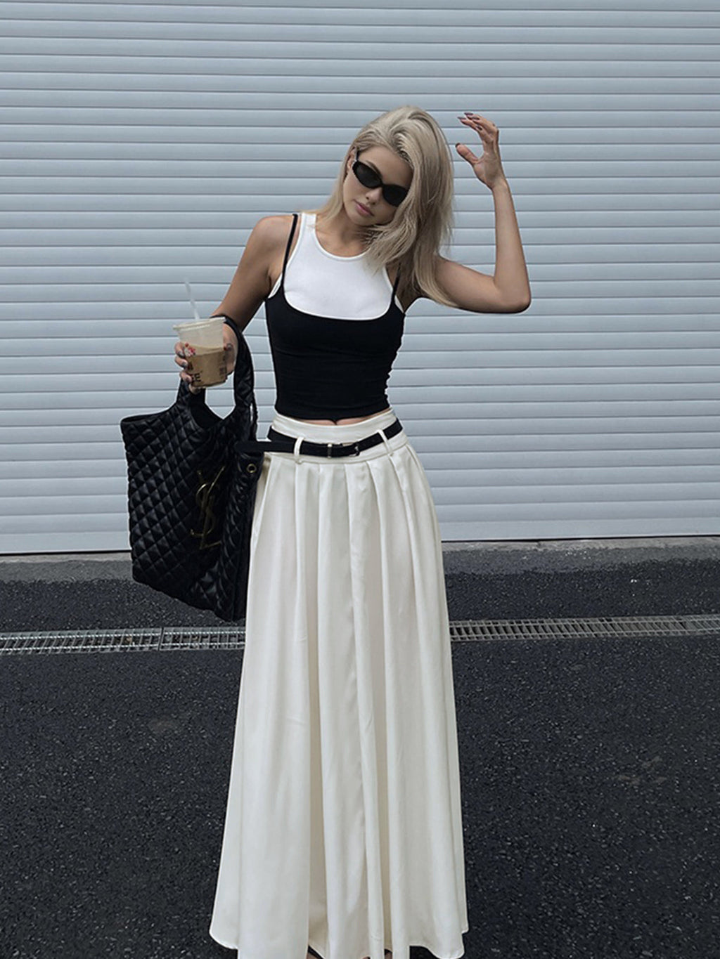 Belted Pleated Maxi Skirt — White — Svelte Chic