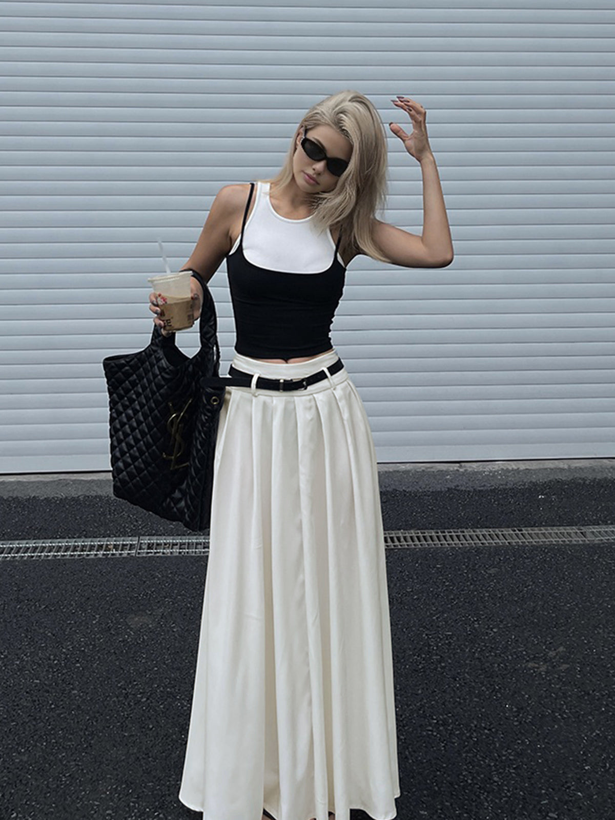 Belted Pleated Maxi Skirt — White — Svelte Chic