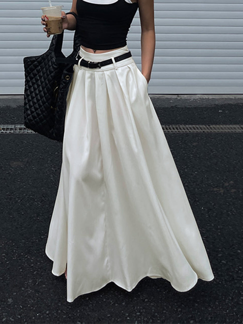 Belted Pleated Maxi Skirt — White in White — Svelte Chic