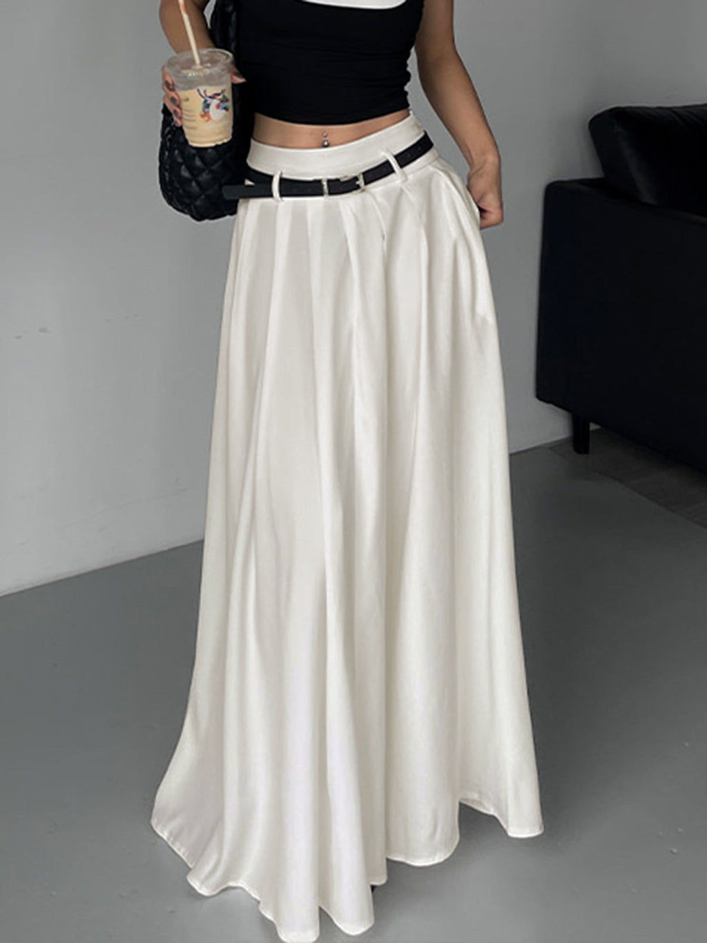 Belted Pleated Maxi Skirt — White — Svelte Chic