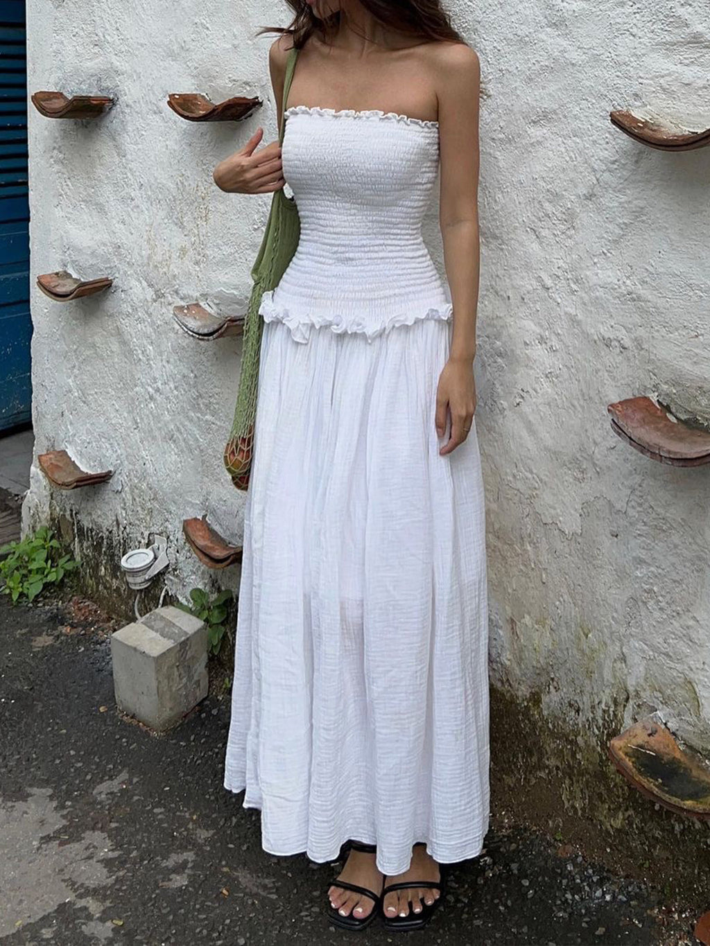 Shirred Strapless Maxi Dress — White in White — Svelte Chic