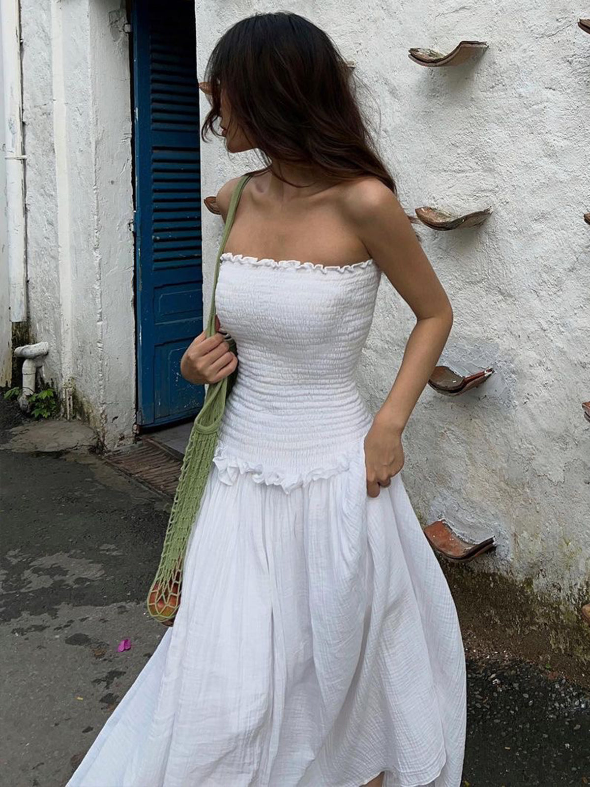 Shirred Strapless Maxi Dress — White — Svelte Chic