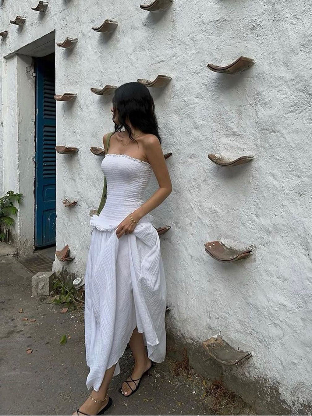 Shirred Strapless Maxi Dress — White — Svelte Chic