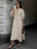 Cotton Linen Button-Front Knotted Maxi Dress — Beige in Beige — Svelte Chic