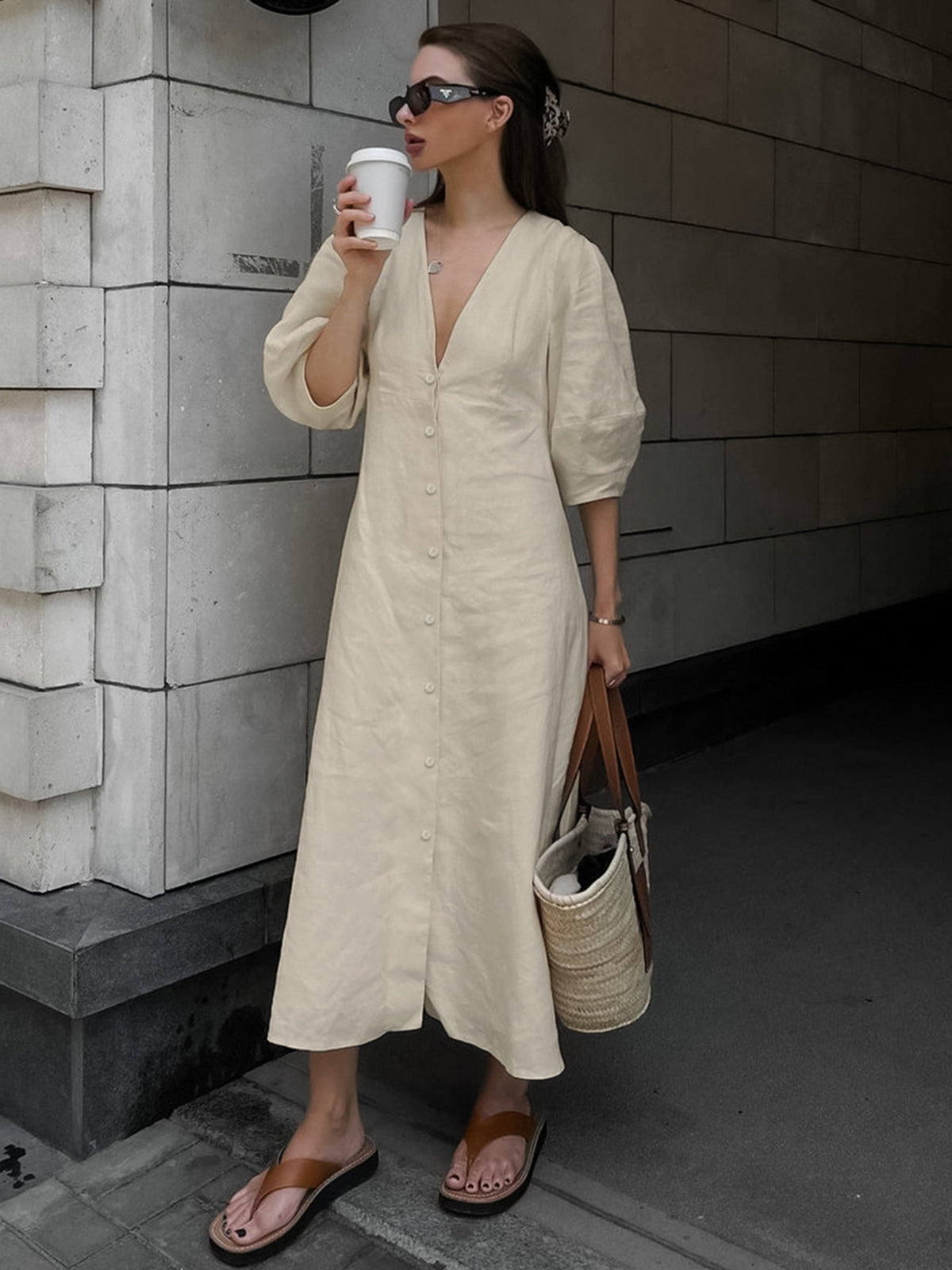 Cotton Linen Button-Front Knotted Maxi Dress — Beige in Beige — Svelte Chic