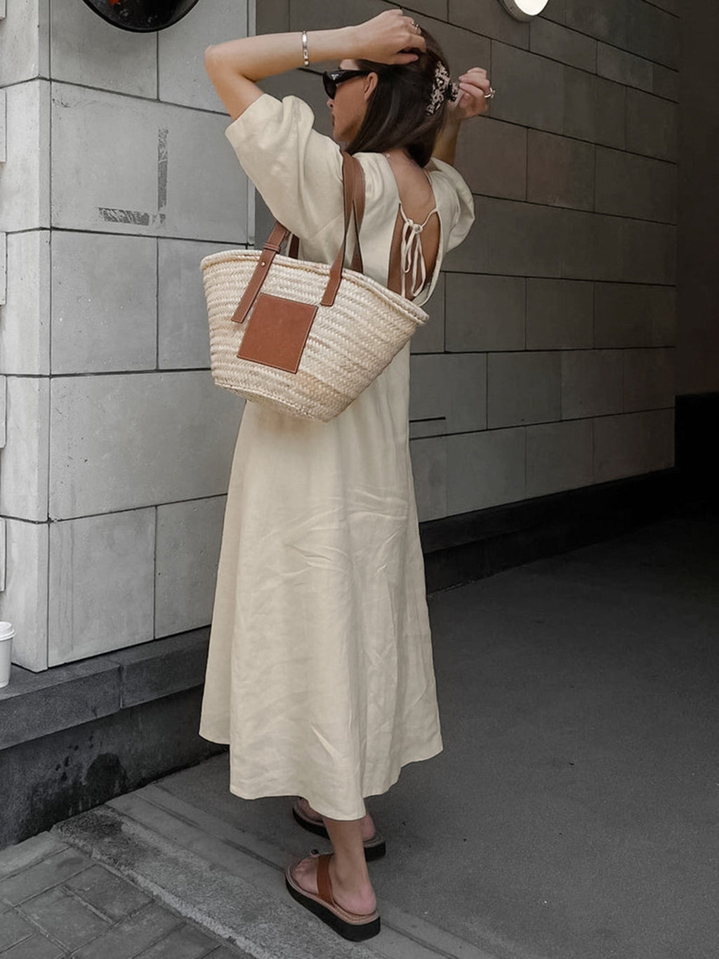 Cotton Linen Button-Front Knotted Maxi Dress — Beige — Svelte Chic