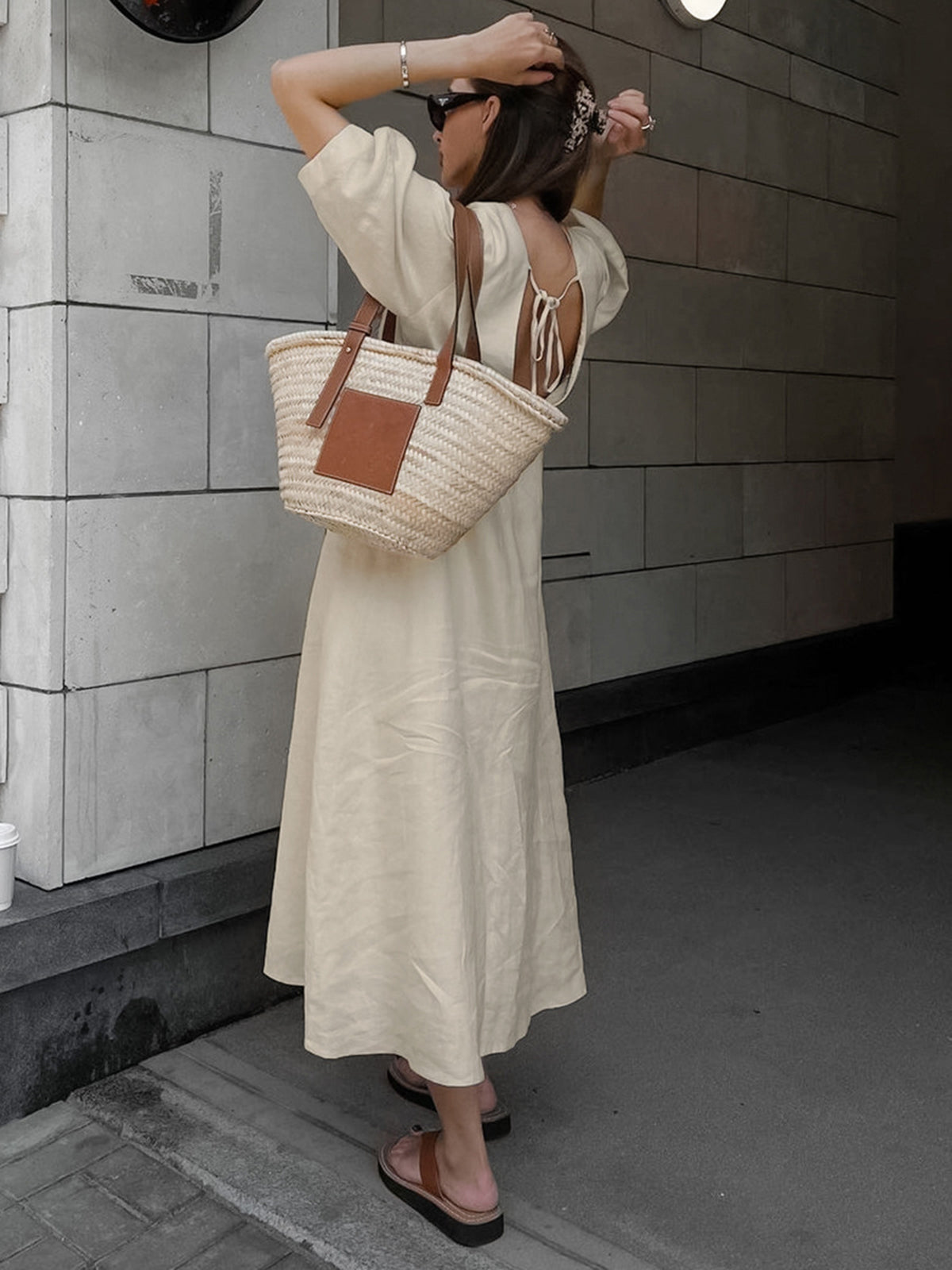 Cotton Linen Button-Front Knotted Maxi Dress — Beige — Svelte Chic