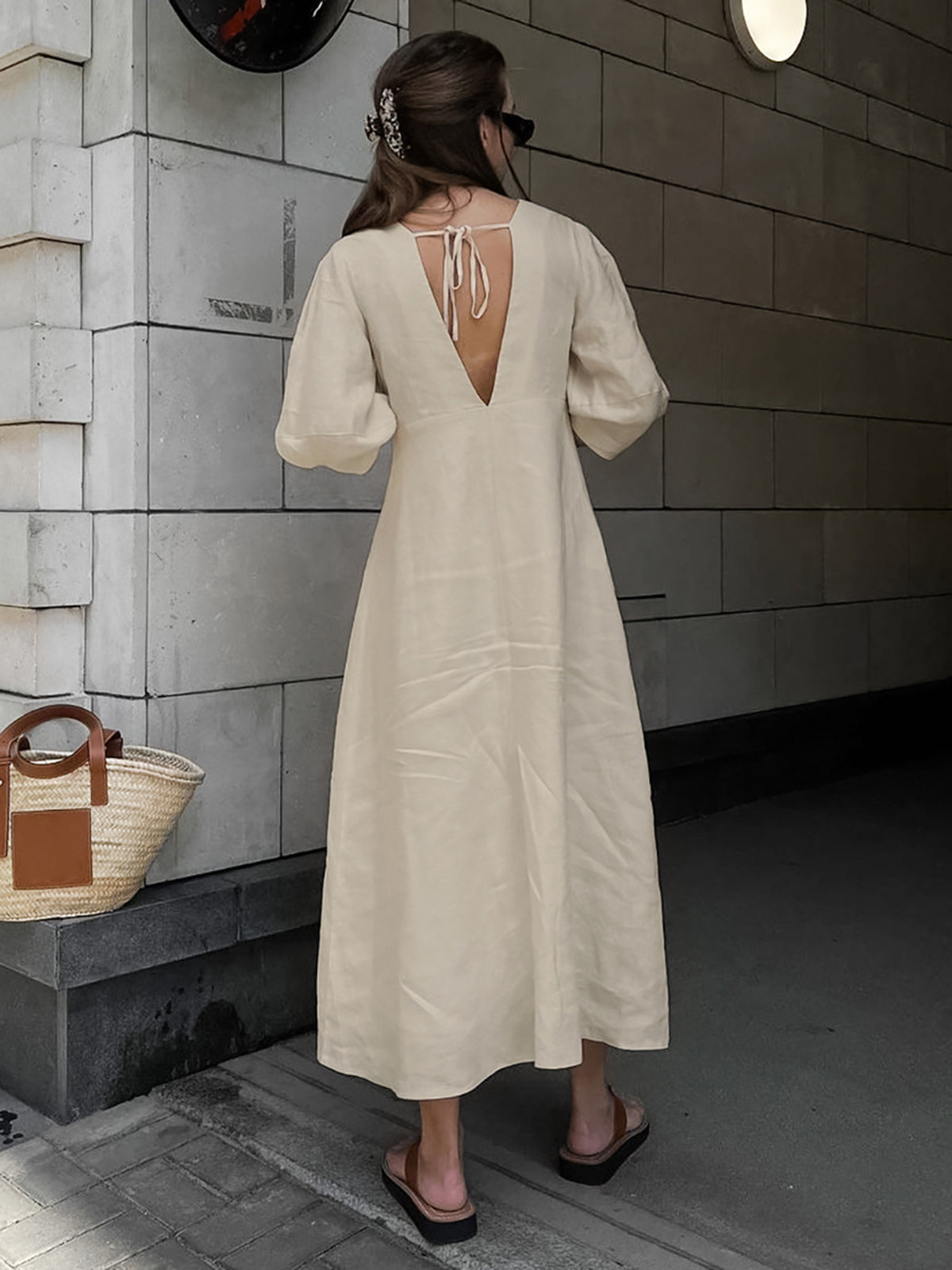 Cotton Linen Button-Front Knotted Maxi Dress — Beige — Svelte Chic