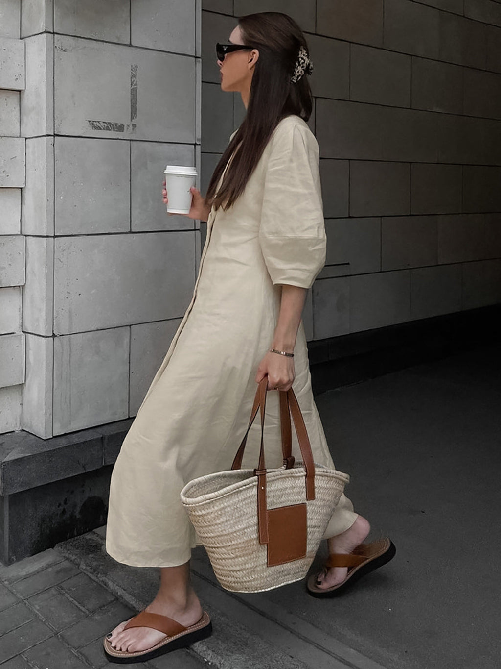Cotton Linen Button-Front Knotted Maxi Dress — Beige — Svelte Chic
