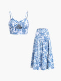 Print Bustier & Maxi Skirt Set — Blue Open Back in Blue — Svelte Chic
