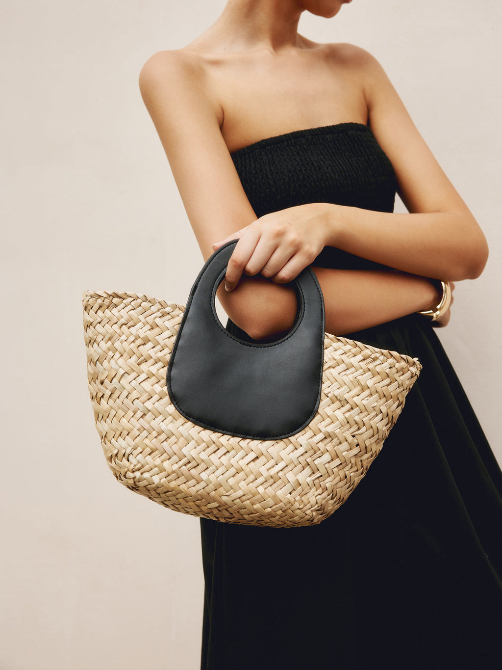 Double Strap Mini Basket Bag — Black Straw in Black — Svelte Chic