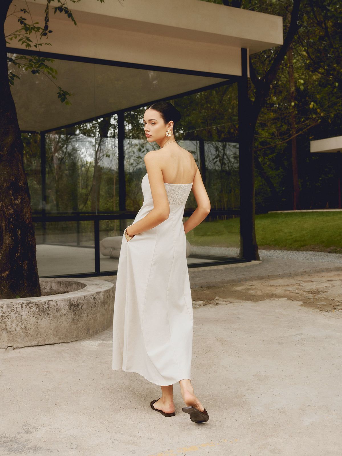 Cotton Linen Shirred Pocket Maxi Dress — Khaki — Svelte Chic