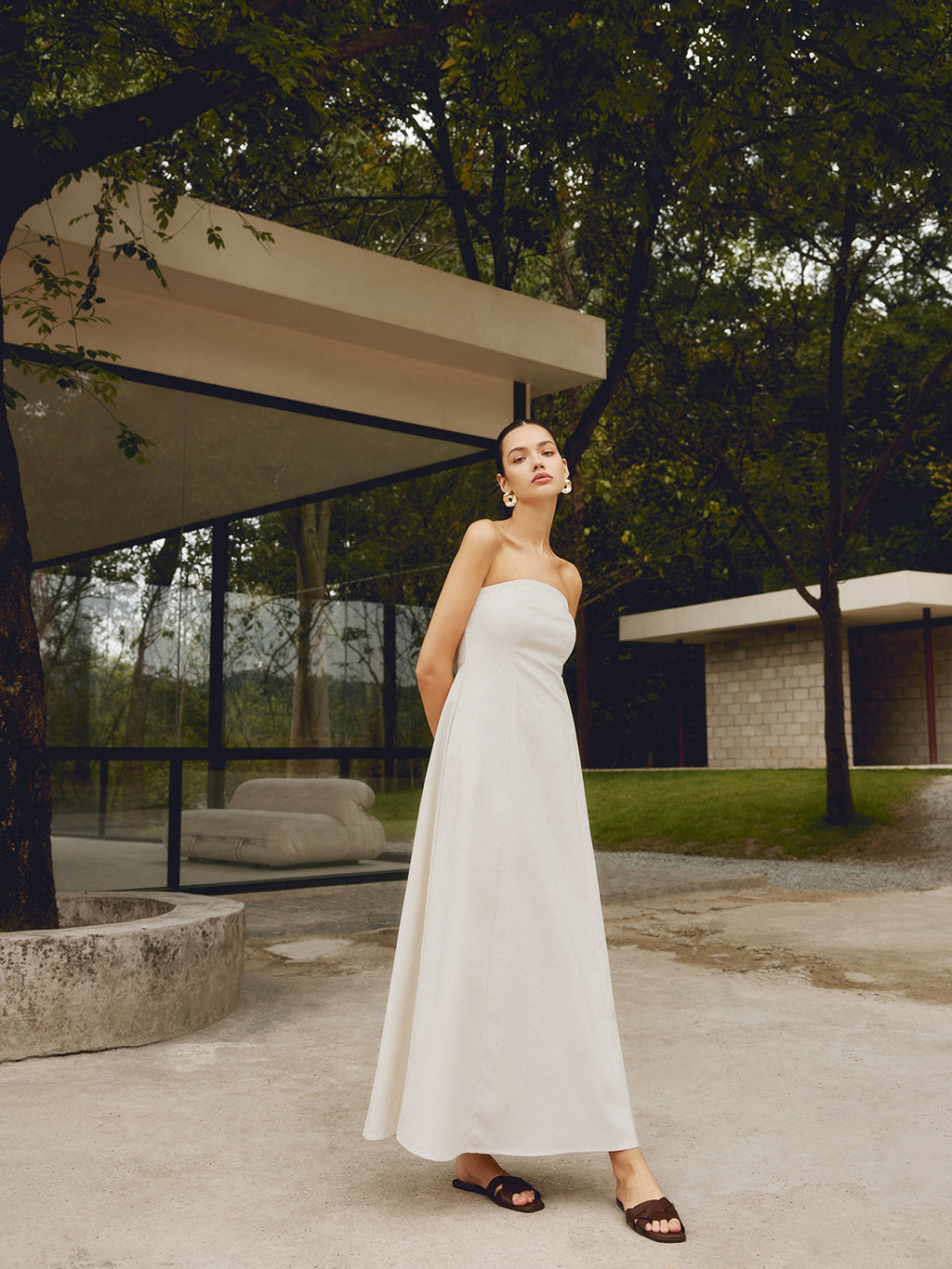 Cotton Linen Shirred Pocket Maxi Dress — Khaki — Svelte Chic