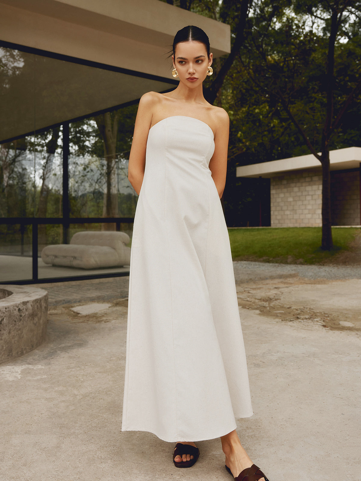 Cotton Linen Shirred Pocket Maxi Dress — Khaki — Svelte Chic
