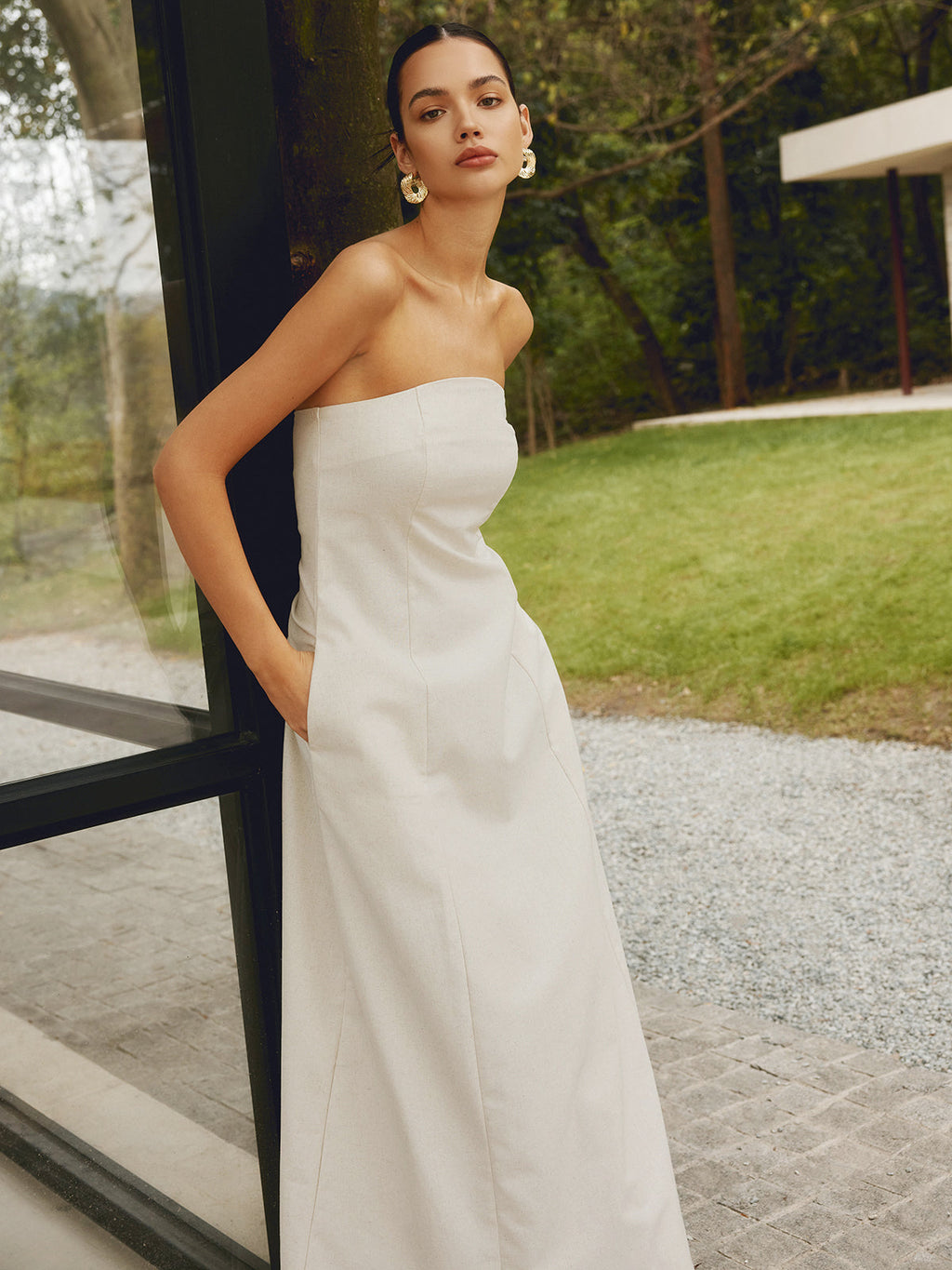 Cotton Linen Shirred Pocket Maxi Dress — Khaki in Khaki — Svelte Chic