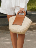 Two-Tone Straw Bag — Khaki & Beige in Khaki — Svelte Chic