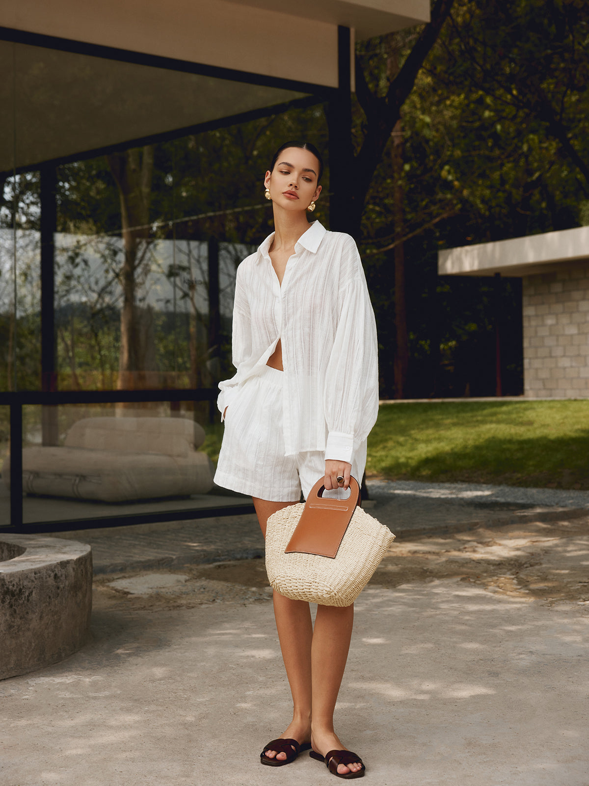 Two-Tone Straw Bag — Khaki & Beige — Svelte Chic