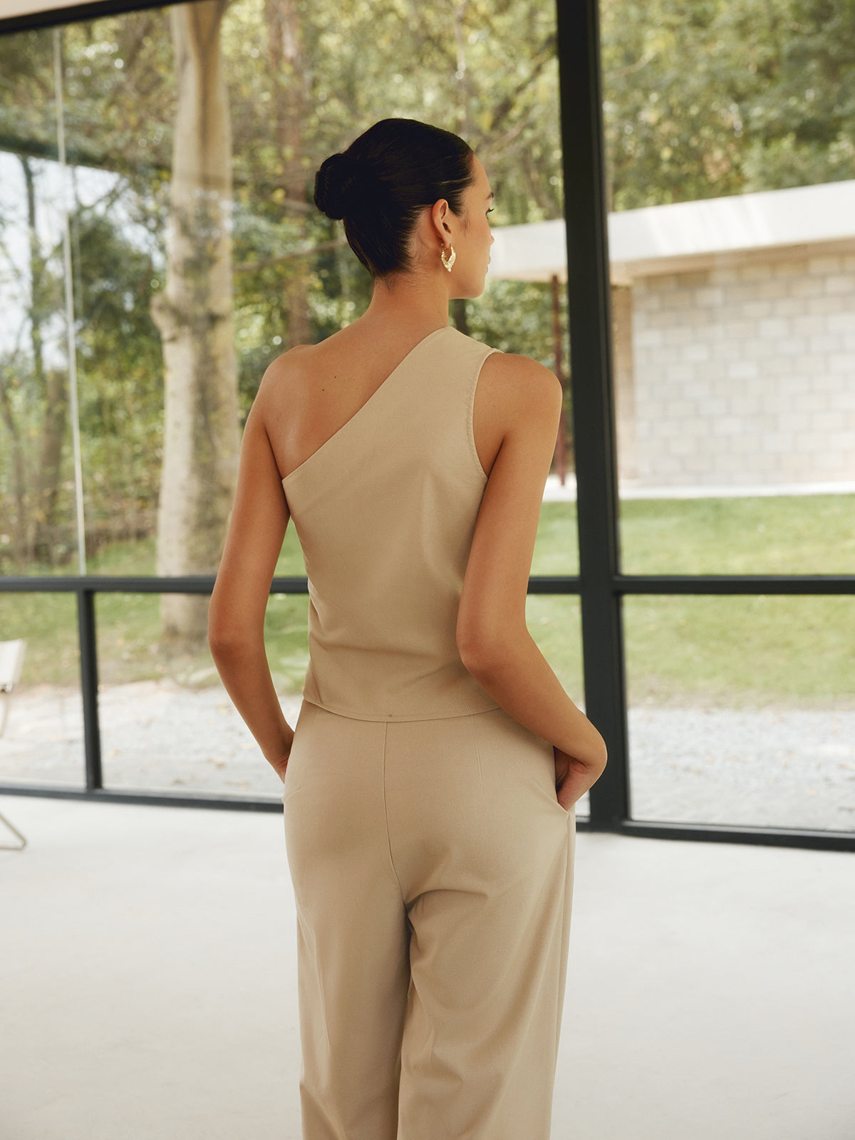Cotton Linen Asymmetric Pocket Trouser Set — Khaki — Svelte Chic