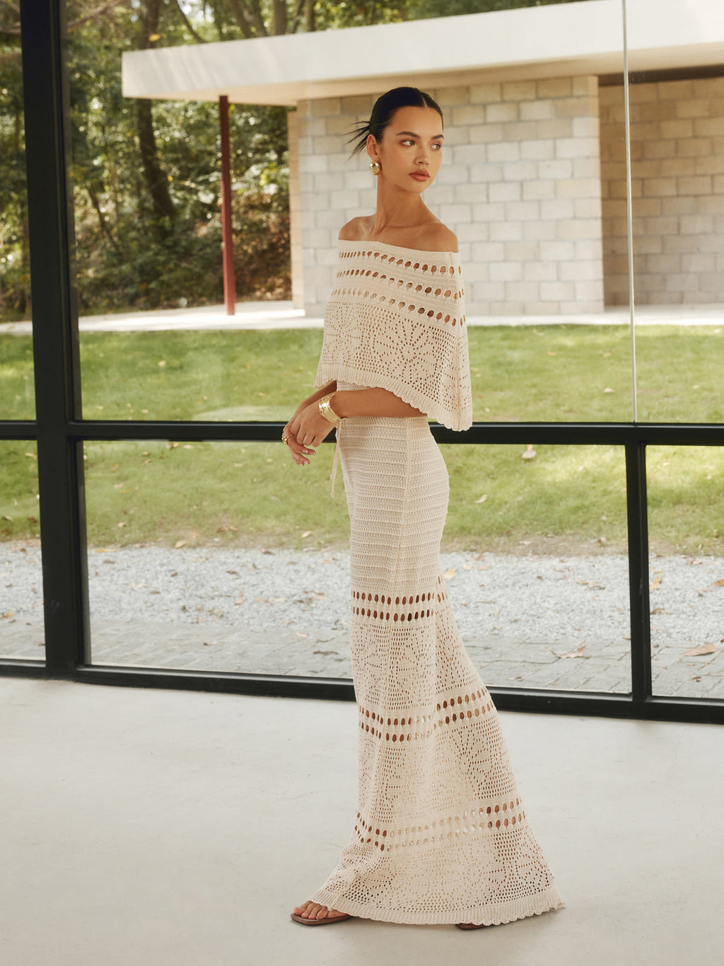 Off-Shoulder Knit Maxi Dress with Shawl — Apricot — Svelte Chic