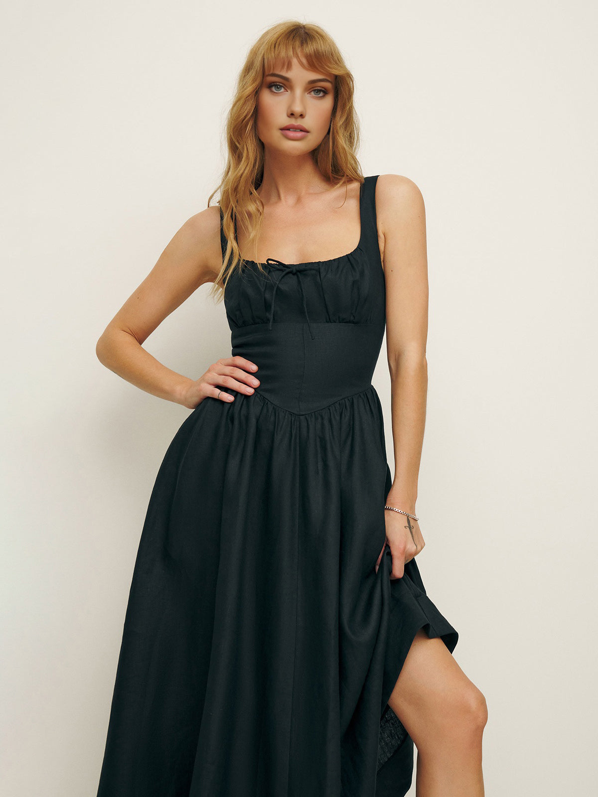 Cotton Linen Knotted Cami Midi Dress — Black — Svelte Chic