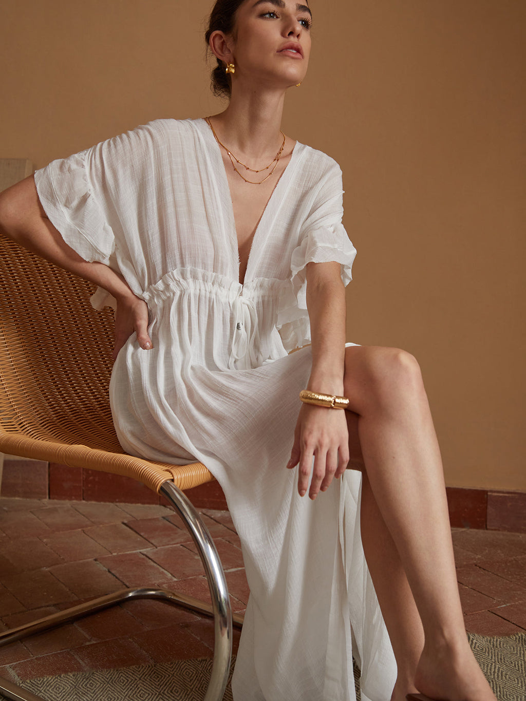 Drawstring Waist Kimono Maxi Dress — White Backless — Svelte Chic