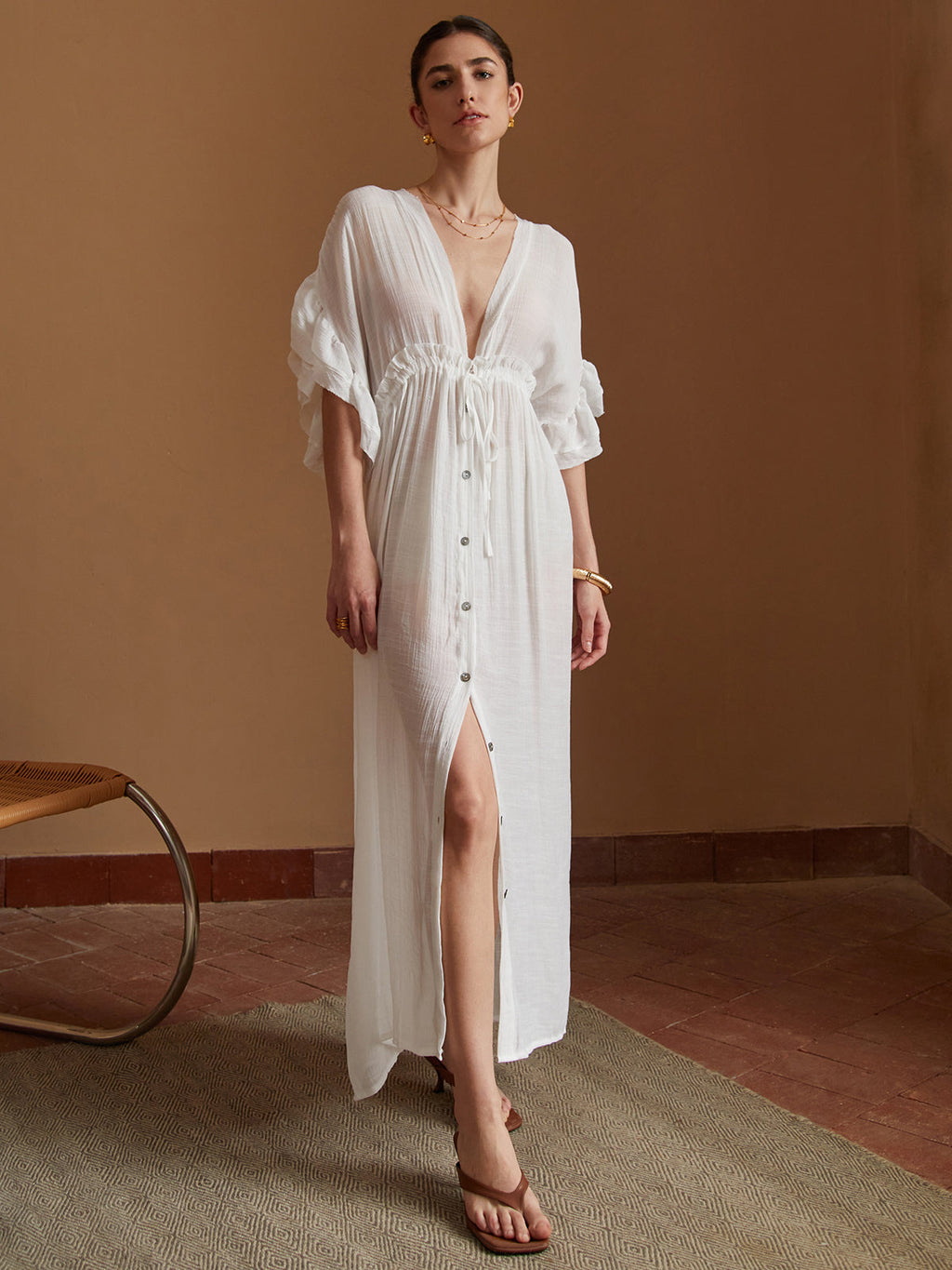 Drawstring Waist Kimono Maxi Dress — White Backless — Svelte Chic