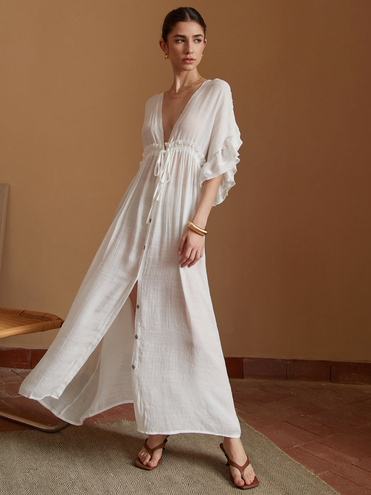 Drawstring Waist Kimono Maxi Dress — White Backless — Svelte Chic