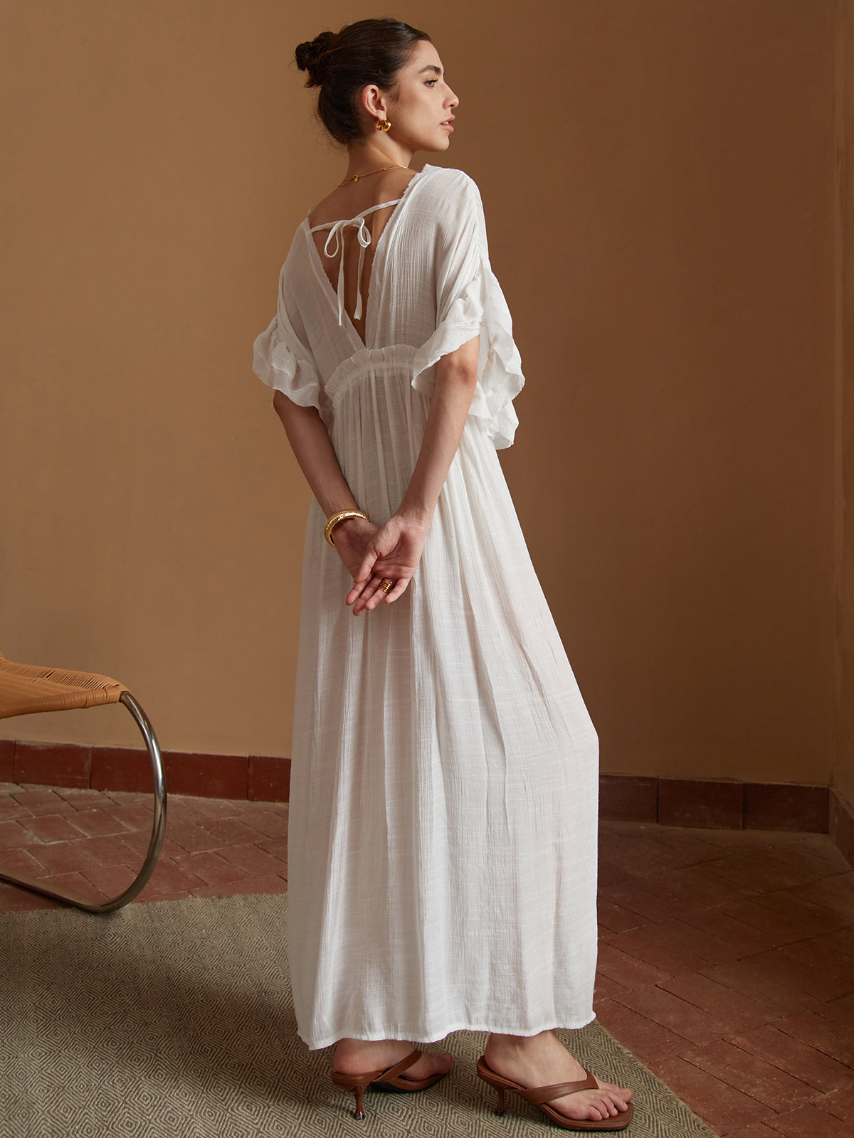 Drawstring Waist Kimono Maxi Dress — White Backless — Svelte Chic