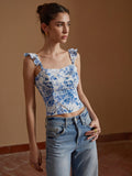 Floral Print Cropped Cami Top — Blue in Blue — Svelte Chic