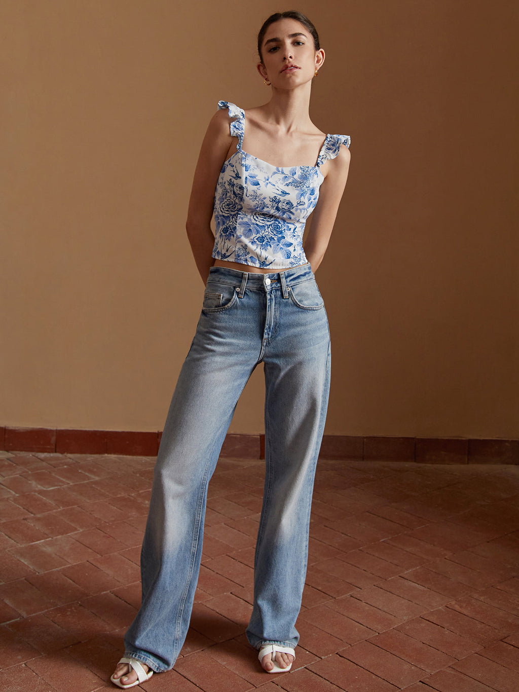 Floral Print Cropped Cami Top — Blue — Svelte Chic