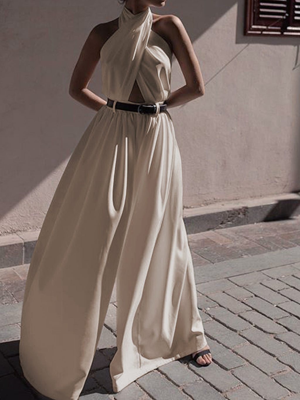 Criss-Cross Halter Backless Jumpsuit in Apricot — Svelte Chic