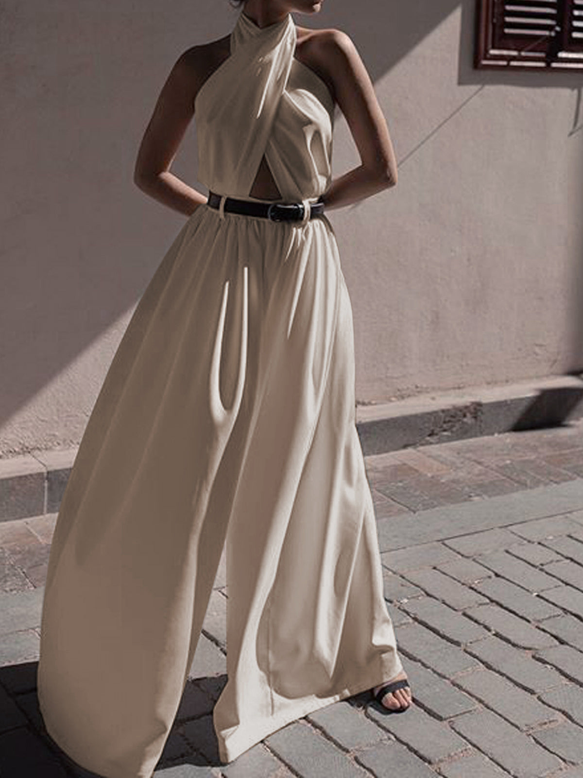Criss-Cross Halter Backless Jumpsuit in Apricot — Svelte Chic