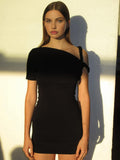 Asymmetric Neck One-Shoulder Mini Dress — Black in Black — Svelte Chic