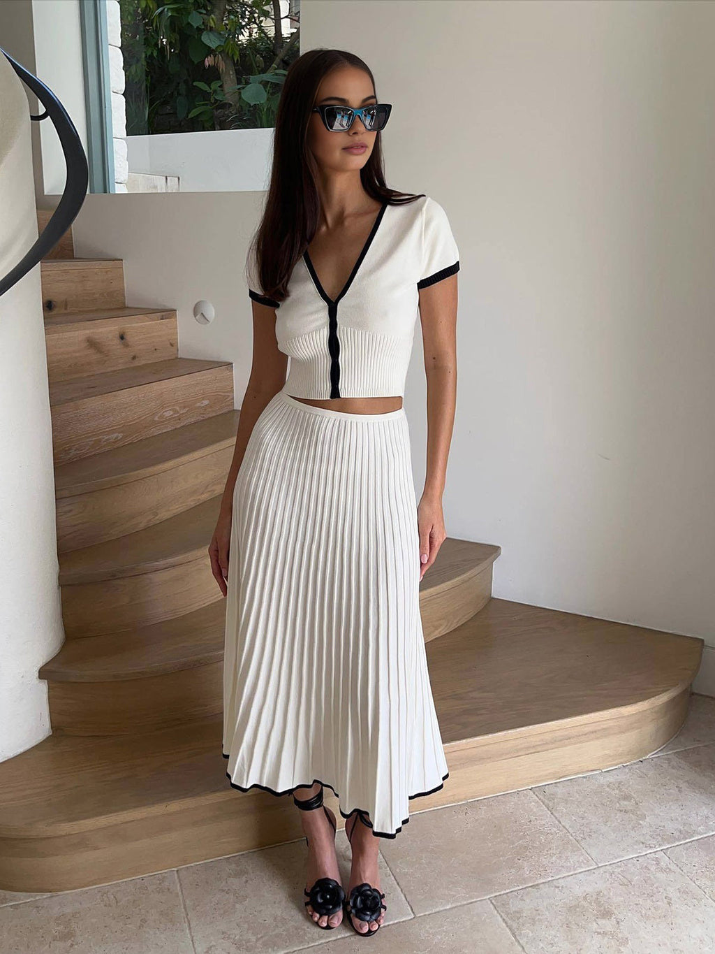 Contrast Trim Knit Skirt Set — White Pleated — Svelte Chic