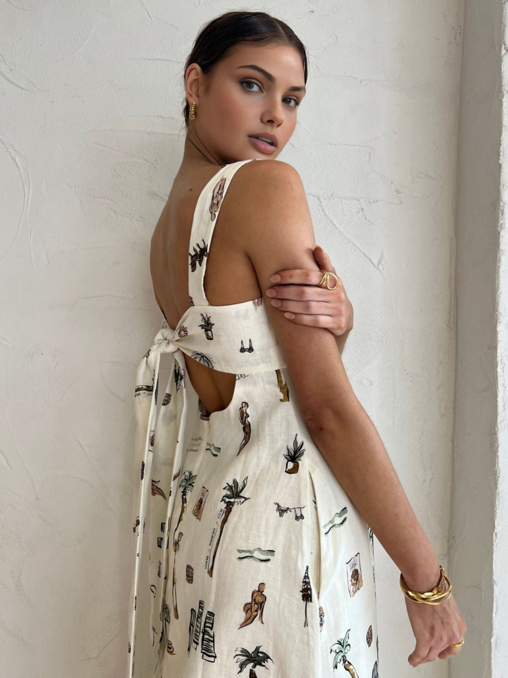 Tropical Print Knotted Maxi Dress — Ecru Backless — Svelte Chic