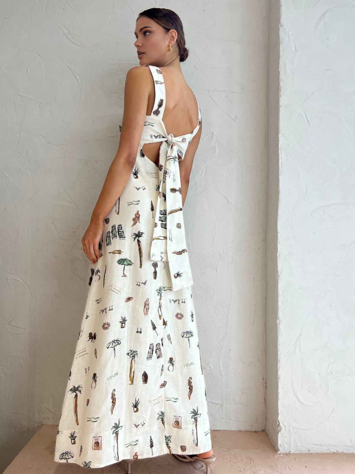 Tropical Print Knotted Maxi Dress — Ecru Backless in Off-White — Svelte Chic