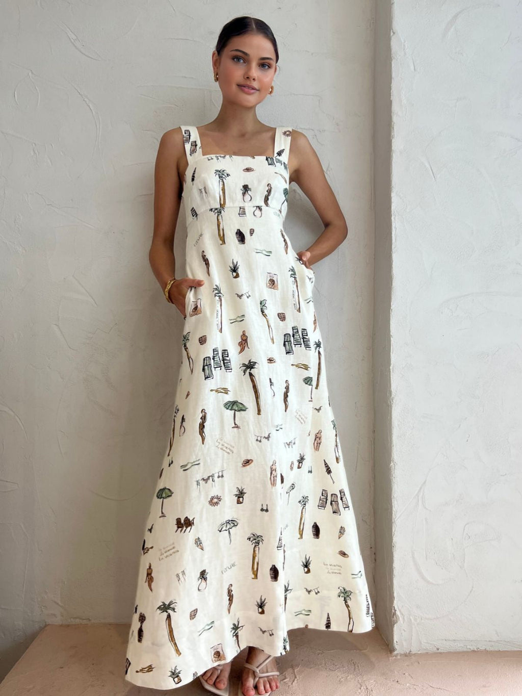 Tropical Print Knotted Maxi Dress — Ecru Backless — Svelte Chic