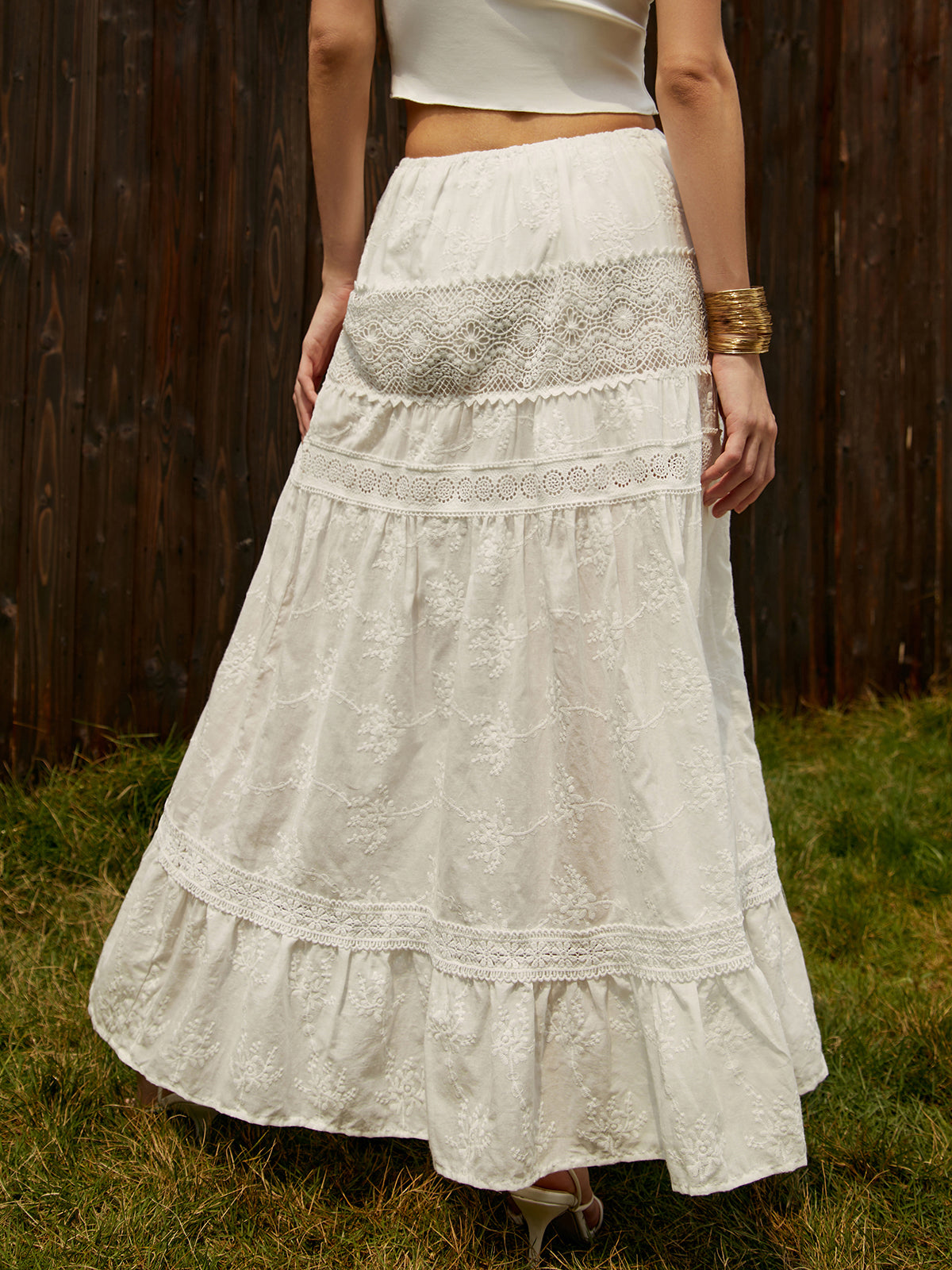 Jacquard Cotton Blend Maxi Skirt — White — Svelte Chic