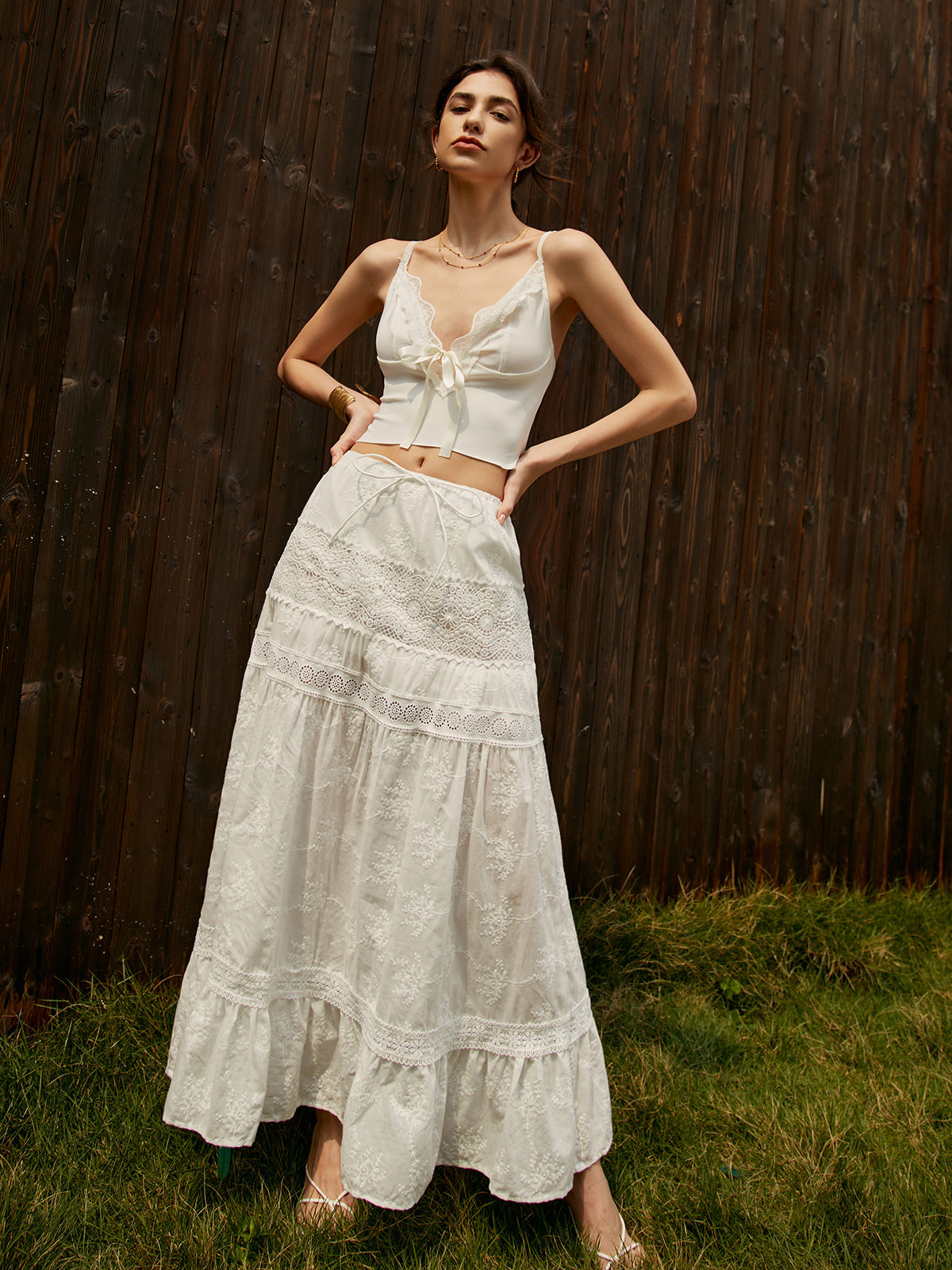 Jacquard Cotton Blend Maxi Skirt — White — Svelte Chic