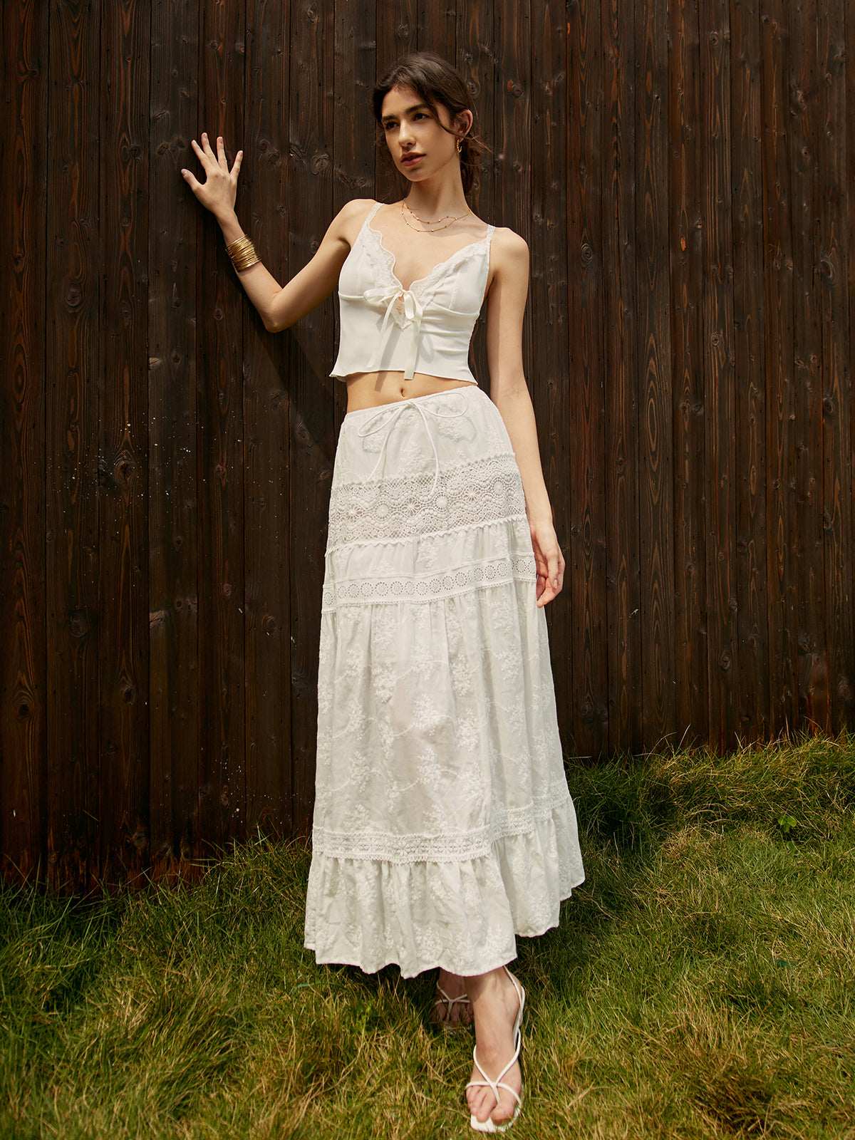 Jacquard Cotton Blend Maxi Skirt — White in White — Svelte Chic