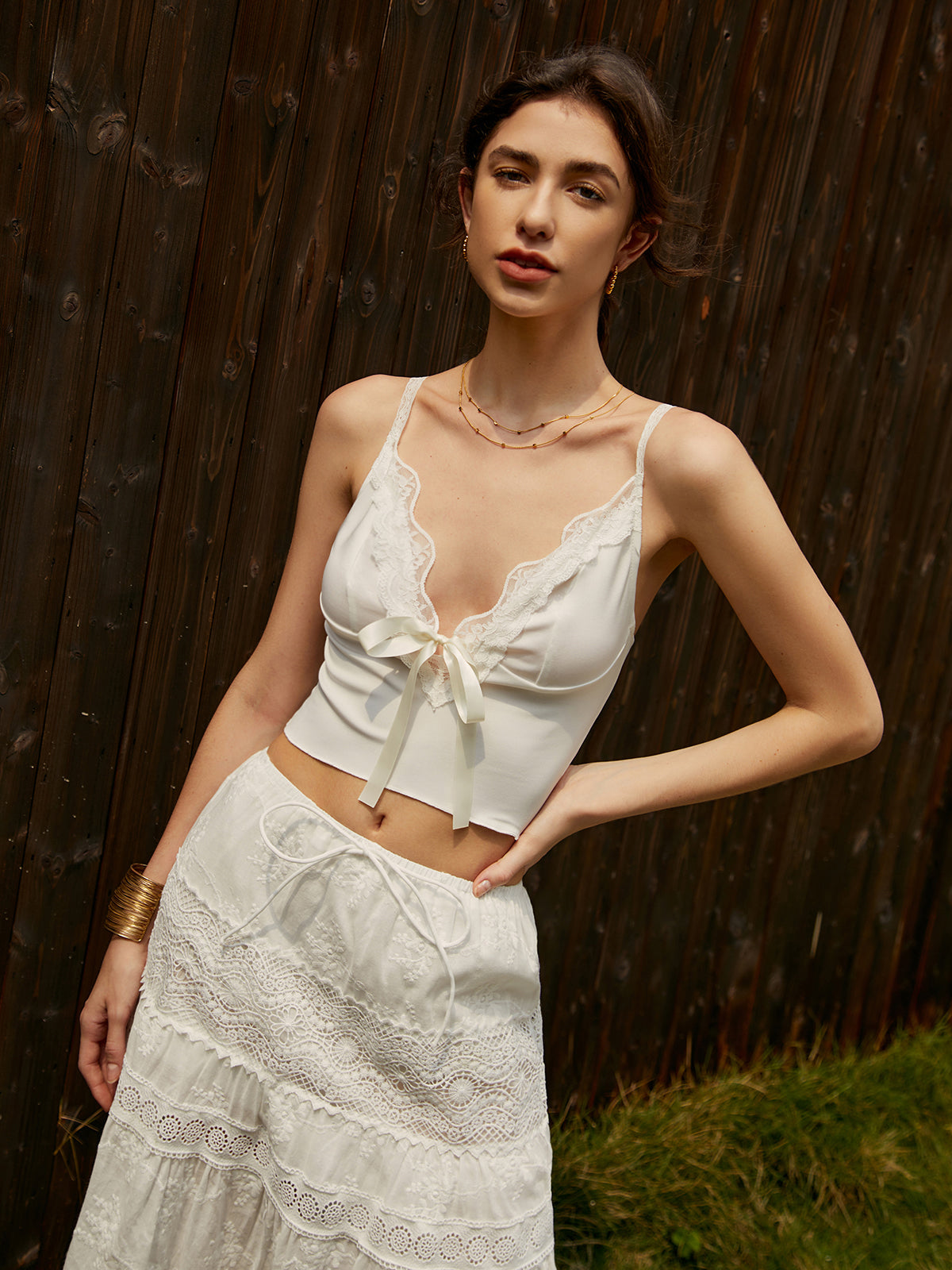 Lace Trim Bow Detail Cami Top — White V-Neck — Svelte Chic