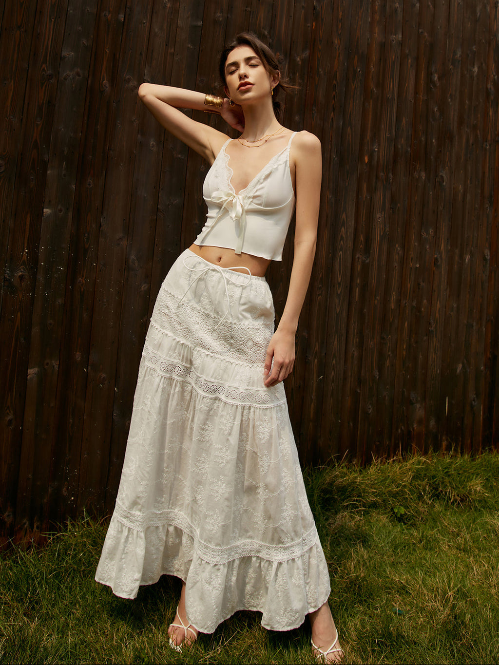 Lace Trim Bow Detail Cami Top — White V-Neck — Svelte Chic